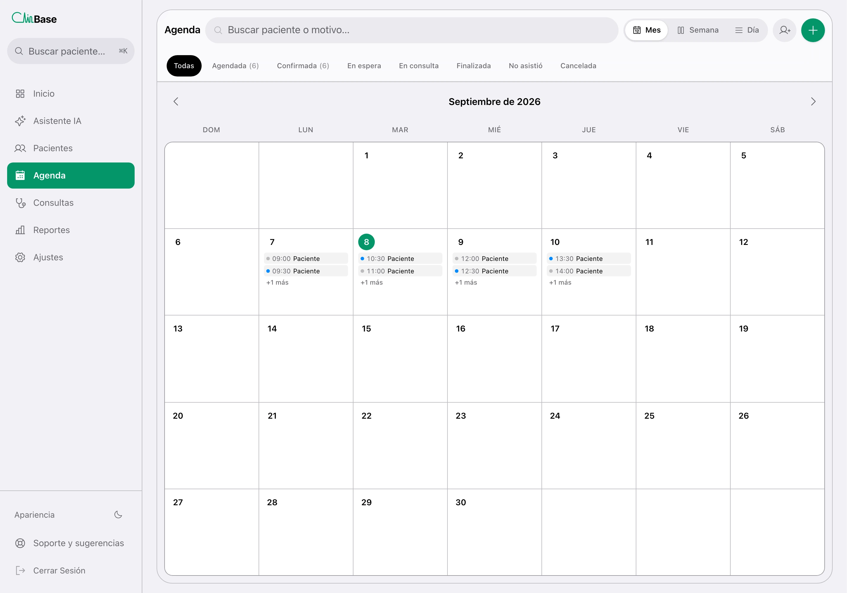 Agenda de ClinBase con citas de demostración y espacios disponibles