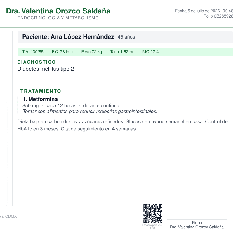 Receta lista para WhatsApp antes de que salga el paciente